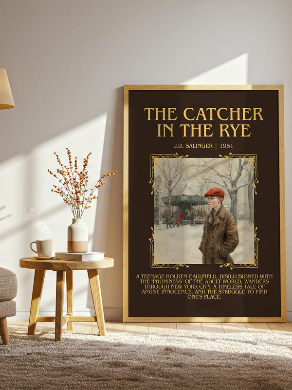 The Catcher in the Rye minimalist print in frame leaning in hallway – coming of age wall art