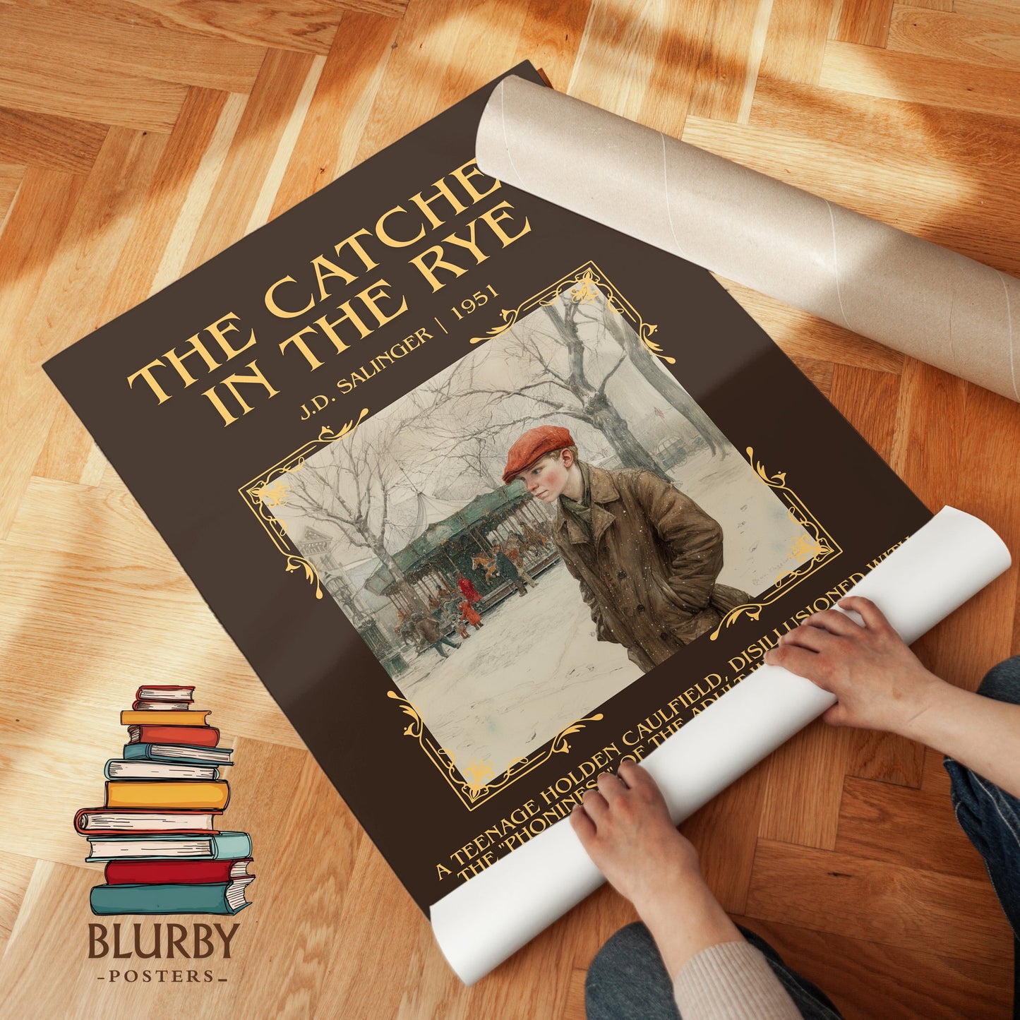 The Catcher in the Rye minimalist print on bookshelf – J. D. Salinger fan gift
