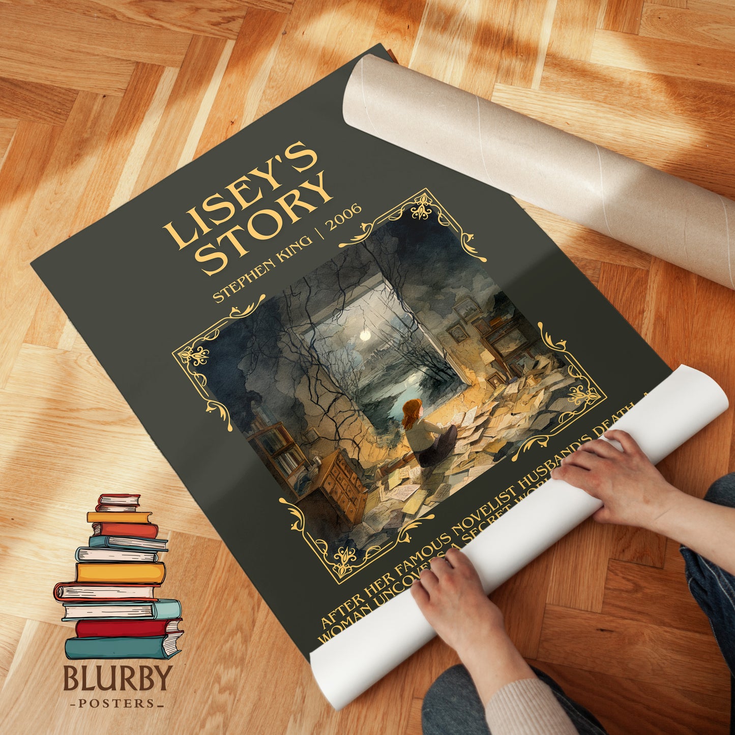 Lisey's Story minimalist print on bookshelf – Stephen King fan gift