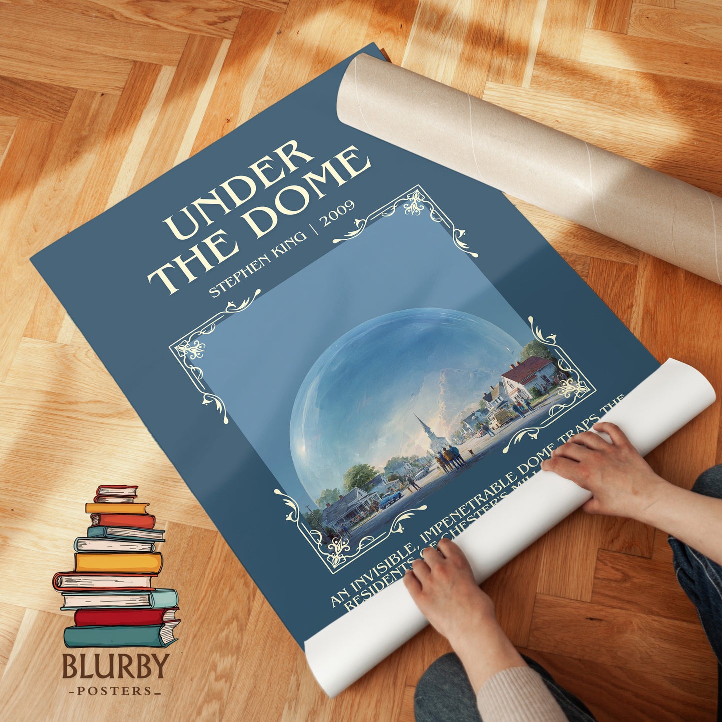 Under the Dome minimalist print on bookshelf – Stephen King fan gift