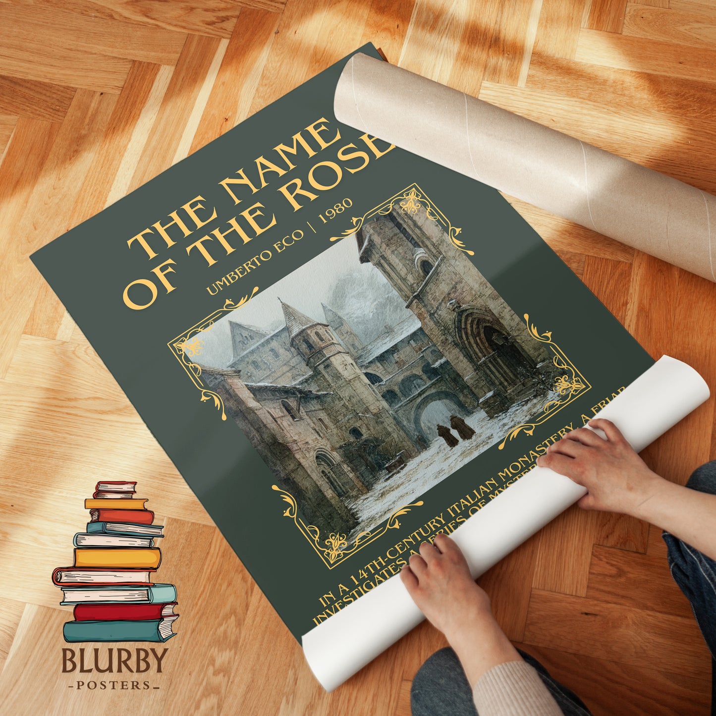 The Name of the Rose minimalist print on bookshelf – Umberto Eco fan gift