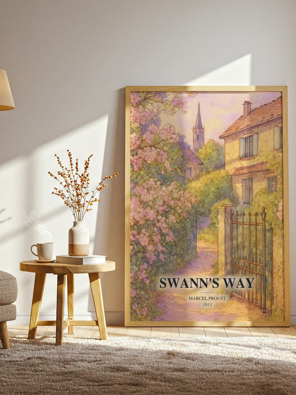 Swann'S Way watercolour print in frame leaning in hallway – classic literature wall art