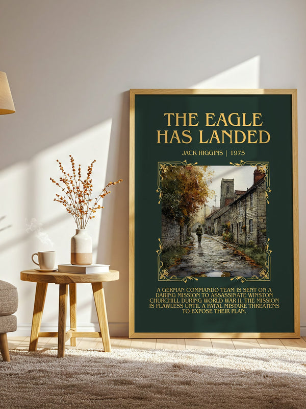 The Eagle Has Landed minimalist print in frame leaning in hallway – thriller wall art