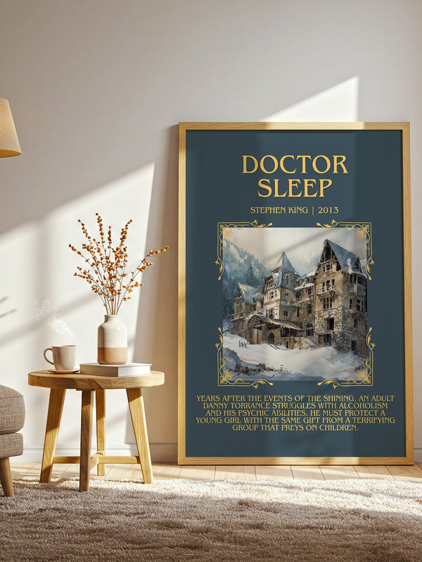 Doctor Sleep minimalist print in frame leaning in hallway – horror wall art