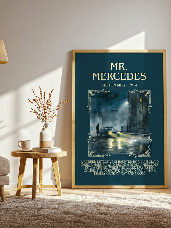 Mr. Mercedes minimalist print in frame leaning in hallway – crime wall art