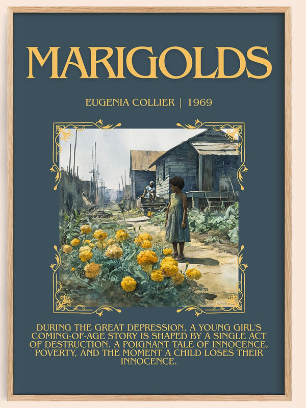 Marigolds minimalist book poster by Eugenia Collier – framed literary art print