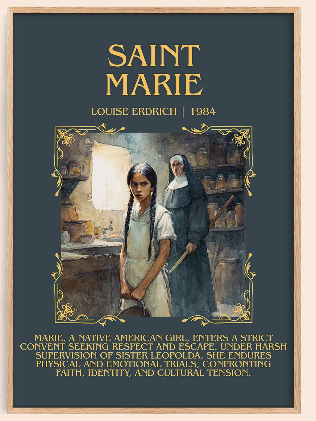 Saint Marie minimalist book poster by Louise Erdrich – framed literary art print