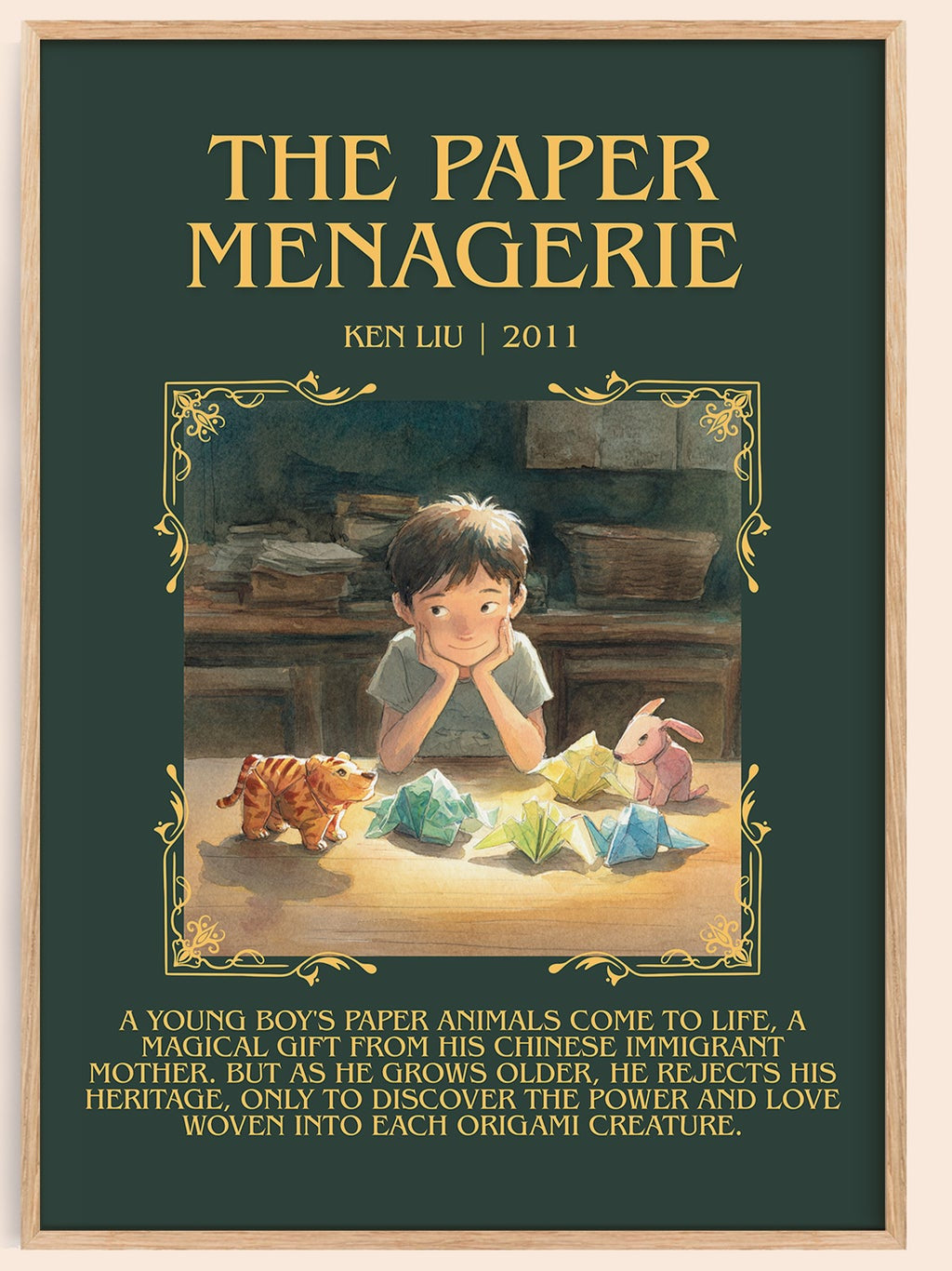 The Paper Menagerie minimalist book poster by Ken Liu – framed literary art print