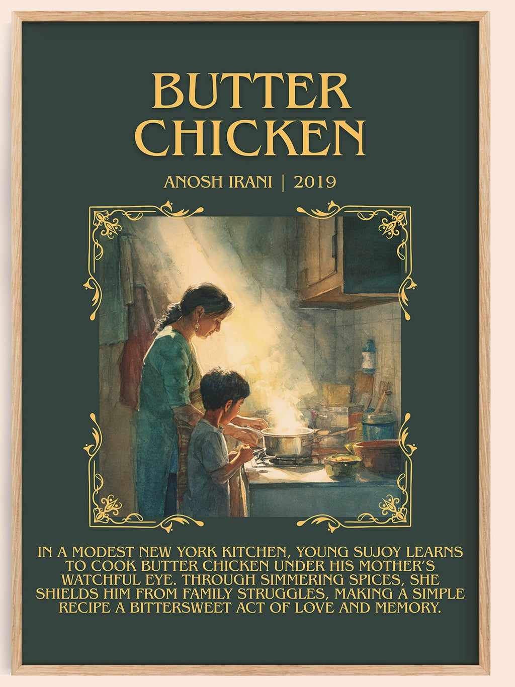 Butter Chicken minimalist book poster by Anosh Irani – framed literary art print