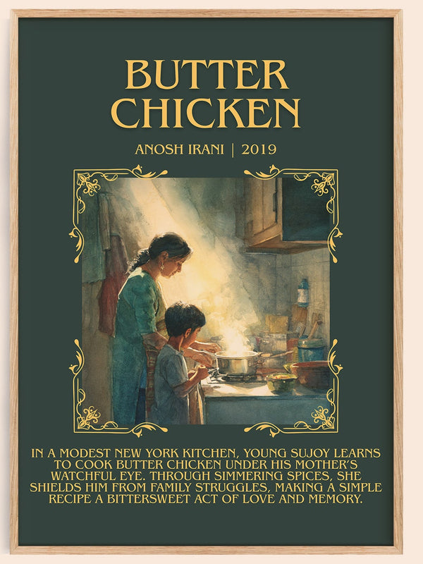 Butter Chicken minimalist book poster by Anosh Irani – framed literary art print