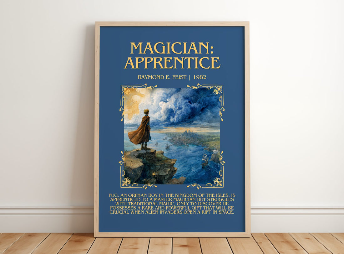 Magician: Apprentice Minimalist Book Poster by Raymond E. Feist – framed print leaning on a wooden floor