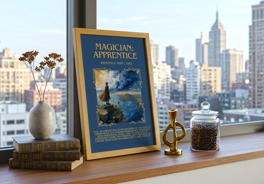 Magician: Apprentice Minimalist Book Poster by Raymond E. Feist – framed print on a city-view windowsill