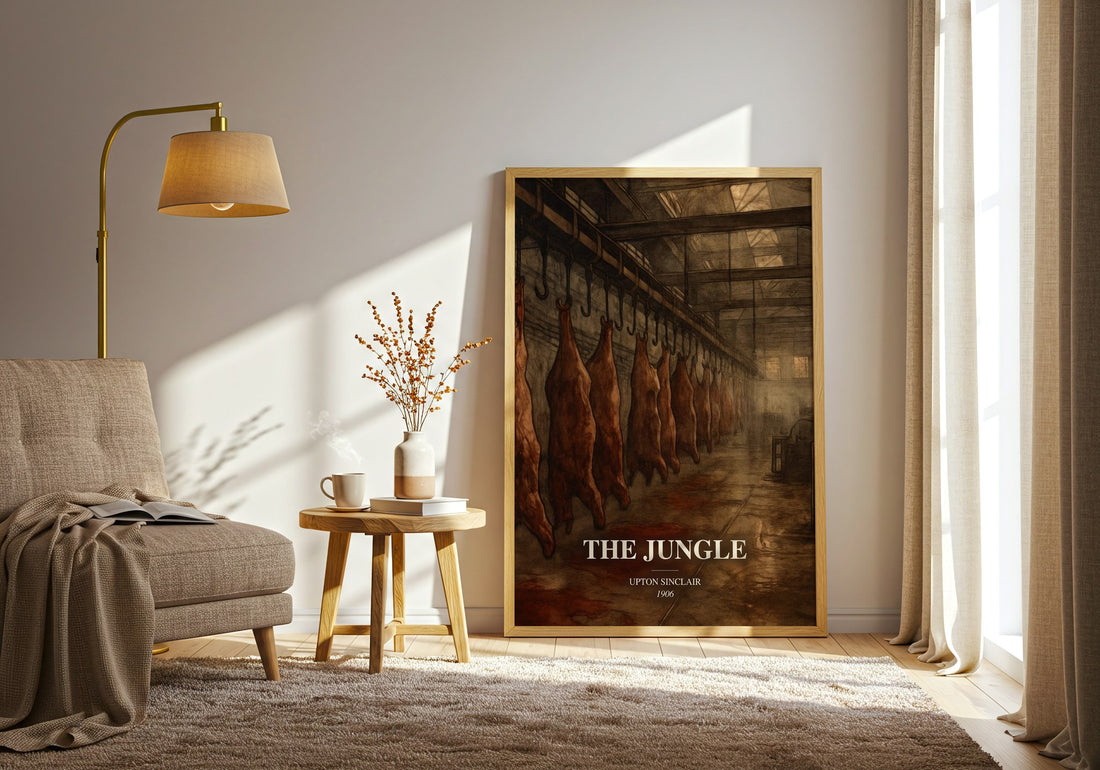 The Jungle watercolour print in frame leaning in hallway – historical fiction wall art (mockup)