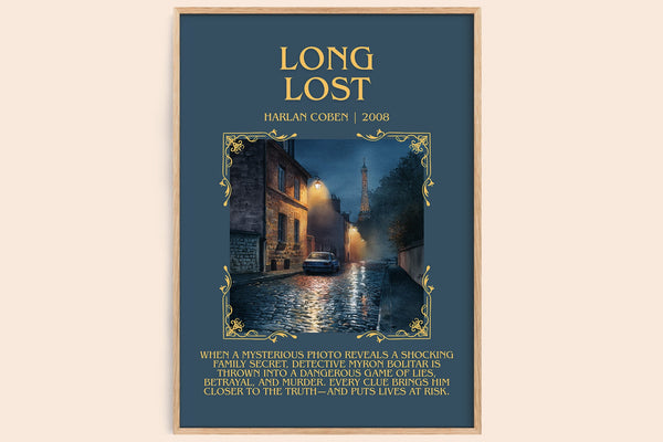Long Lost minimalist book poster by Harlan Coben – framed literary art print