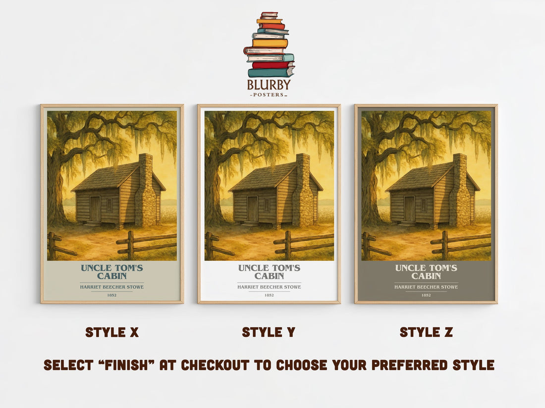Uncle Tom's Cabin book cover print in frame leaning in hallway – historical fiction wall art (mockup)
