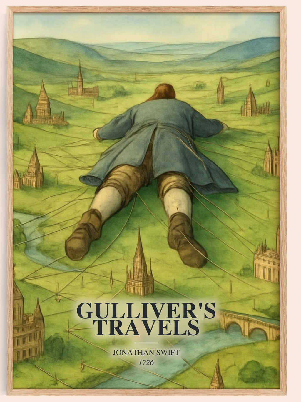 Gulliver'S Travels watercolour book poster by Jonathan Swift – framed literary art print
