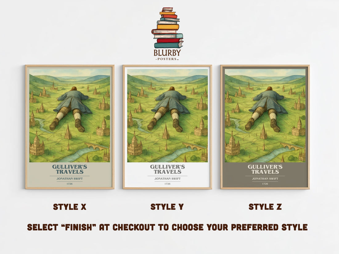 Gulliver's Travels book cover print in frame leaning in hallway – classic literature wall art (mockup)