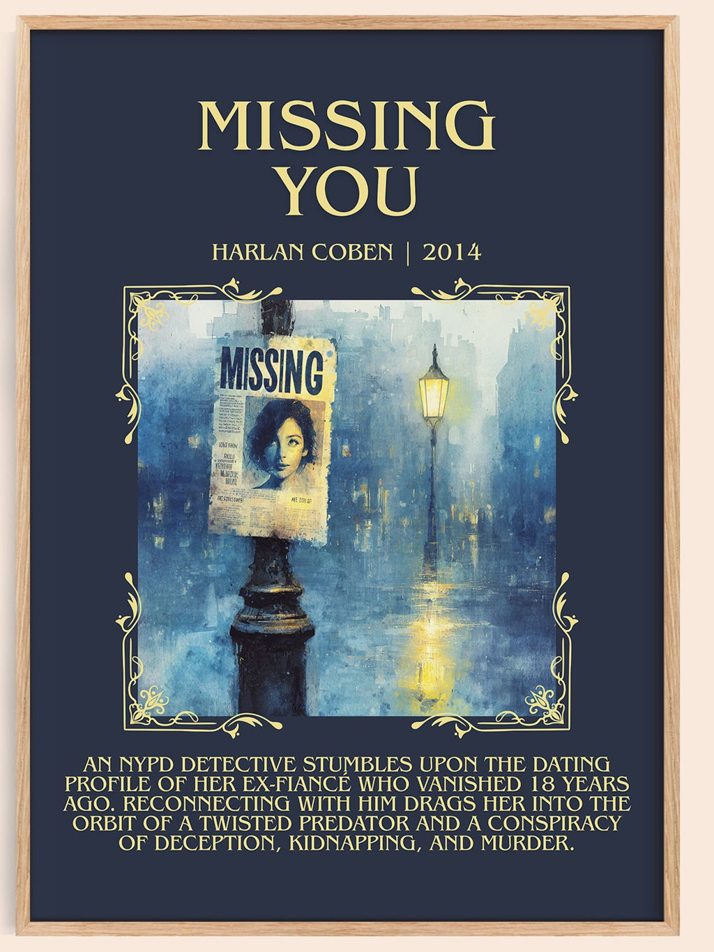 Missing You minimalist book poster by Harlan Coben – framed literary art print