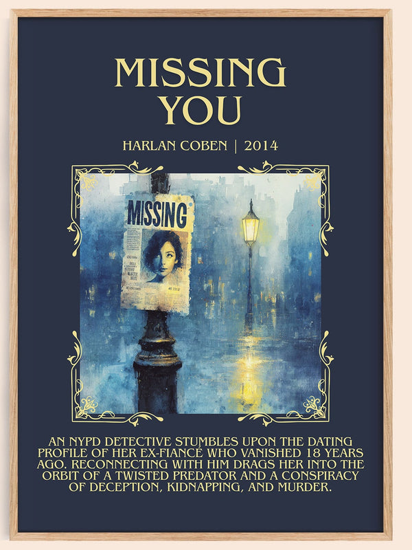 Missing You minimalist book poster by Harlan Coben – framed literary art print