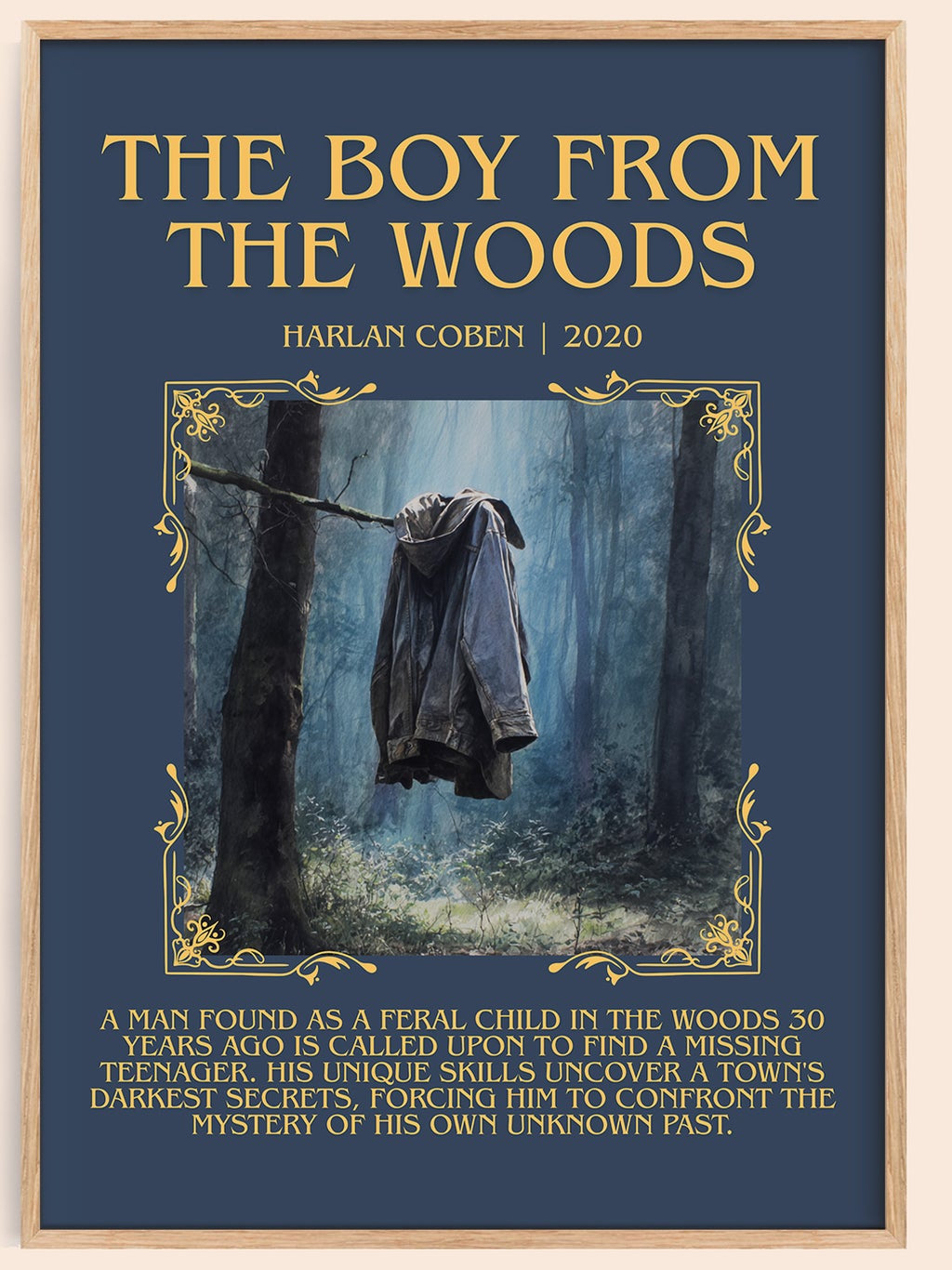 The Boy from the Woods minimalist book poster by Harlan Coben – framed literary art print