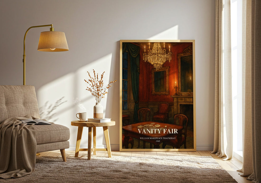 Vanity Fair watercolour print in frame leaning in hallway – classic literature wall art (mockup)