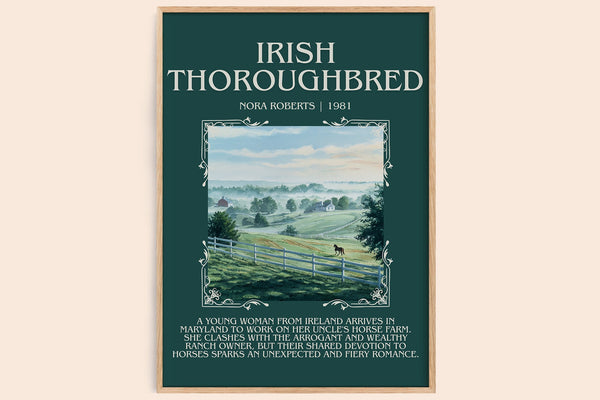 Irish Thoroughbred minimalist book poster by Nora Roberts – framed literary art print