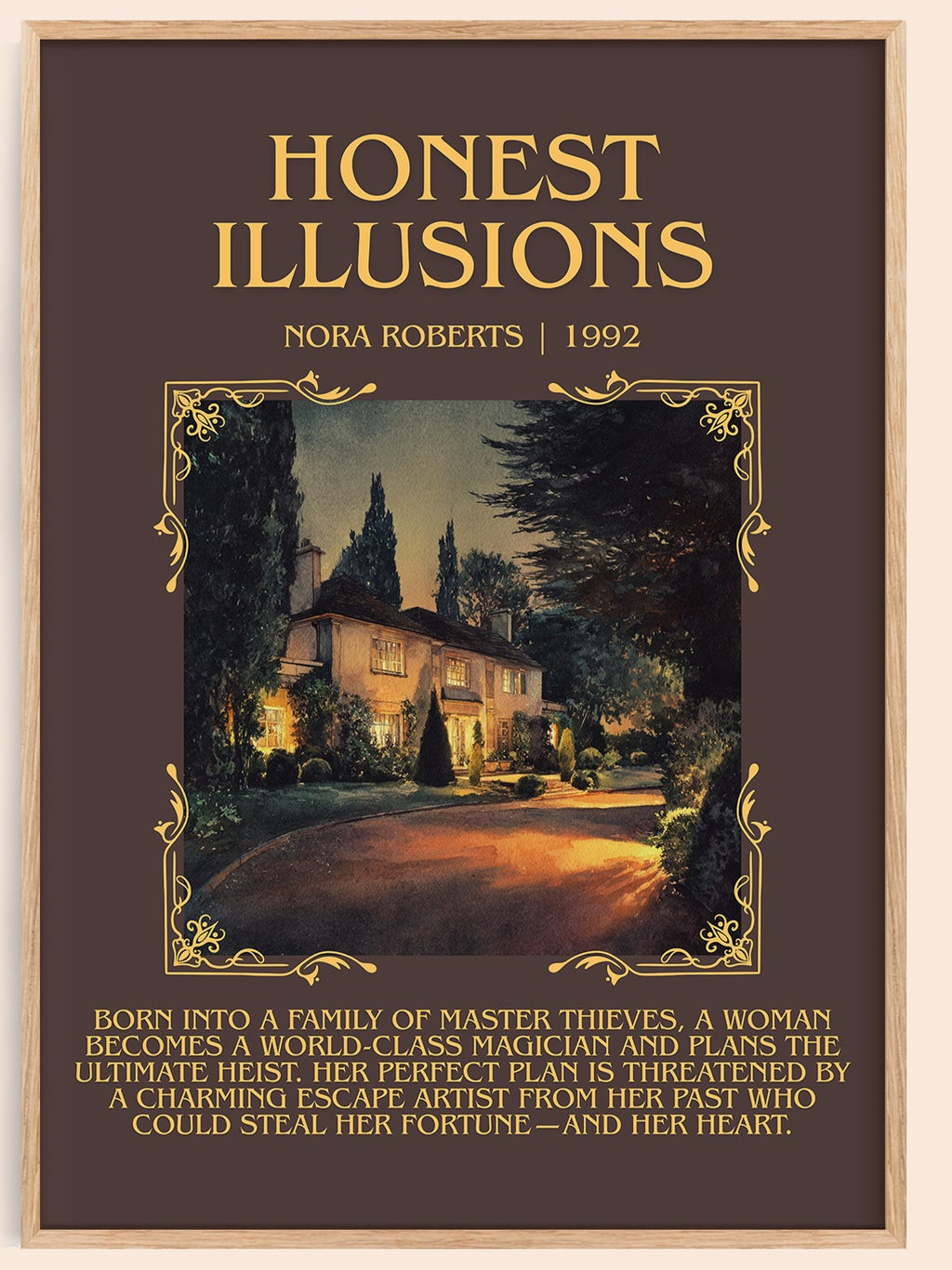 Honest Illusions minimalist book poster by Nora Roberts – framed literary art print