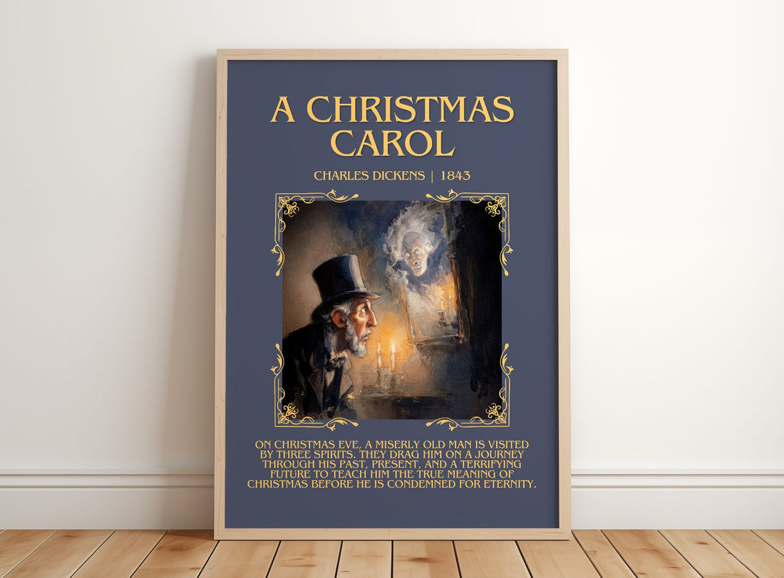 A Christmas Carol Minimalist Book Poster by Charles Dickens – framed print leaning on a wooden floor