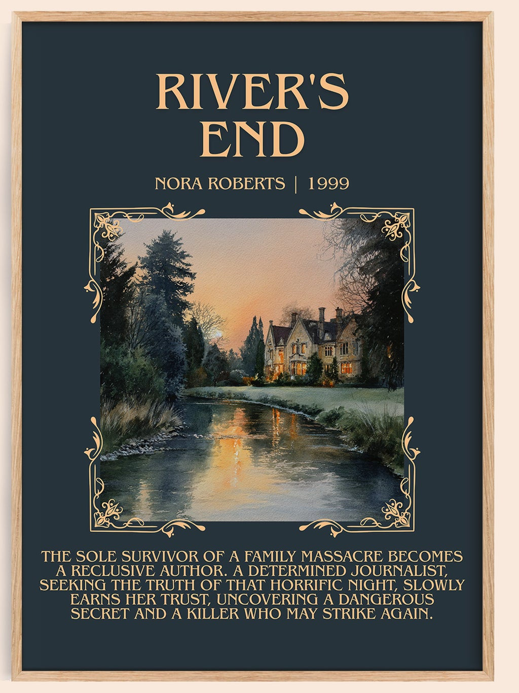 River's End minimalist book poster by Nora Roberts – framed literary art print
