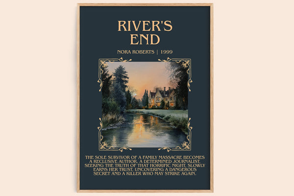 River's End minimalist book poster by Nora Roberts – framed literary art print