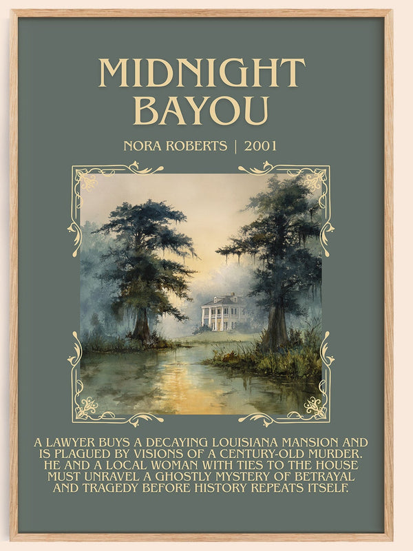 Midnight Bayou minimalist book poster by Nora Roberts – framed literary art print