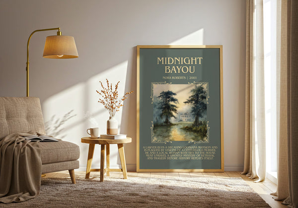 Midnight Bayou minimalist print in frame leaning in hallway – romance wall art
