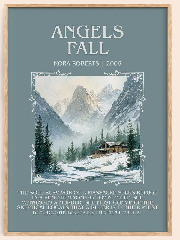 Angels Fall minimalist book poster by Nora Roberts – framed literary art print