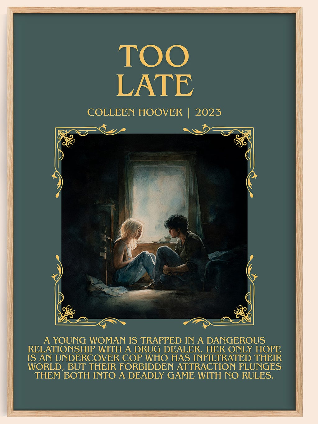 Too late minimalist book poster by Colleen Hoover – framed literary art print