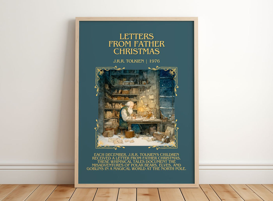 Letters from Father Christmas Minimalist Book Poster by J. Tolkien – framed print leaning on a wooden floor