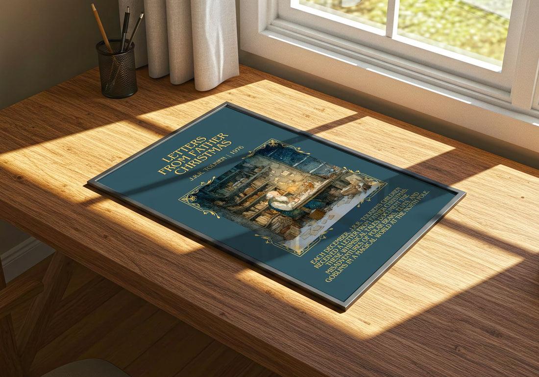 Letters from Father Christmas Minimalist Book Poster by J. Tolkien – print on a sunlit desk