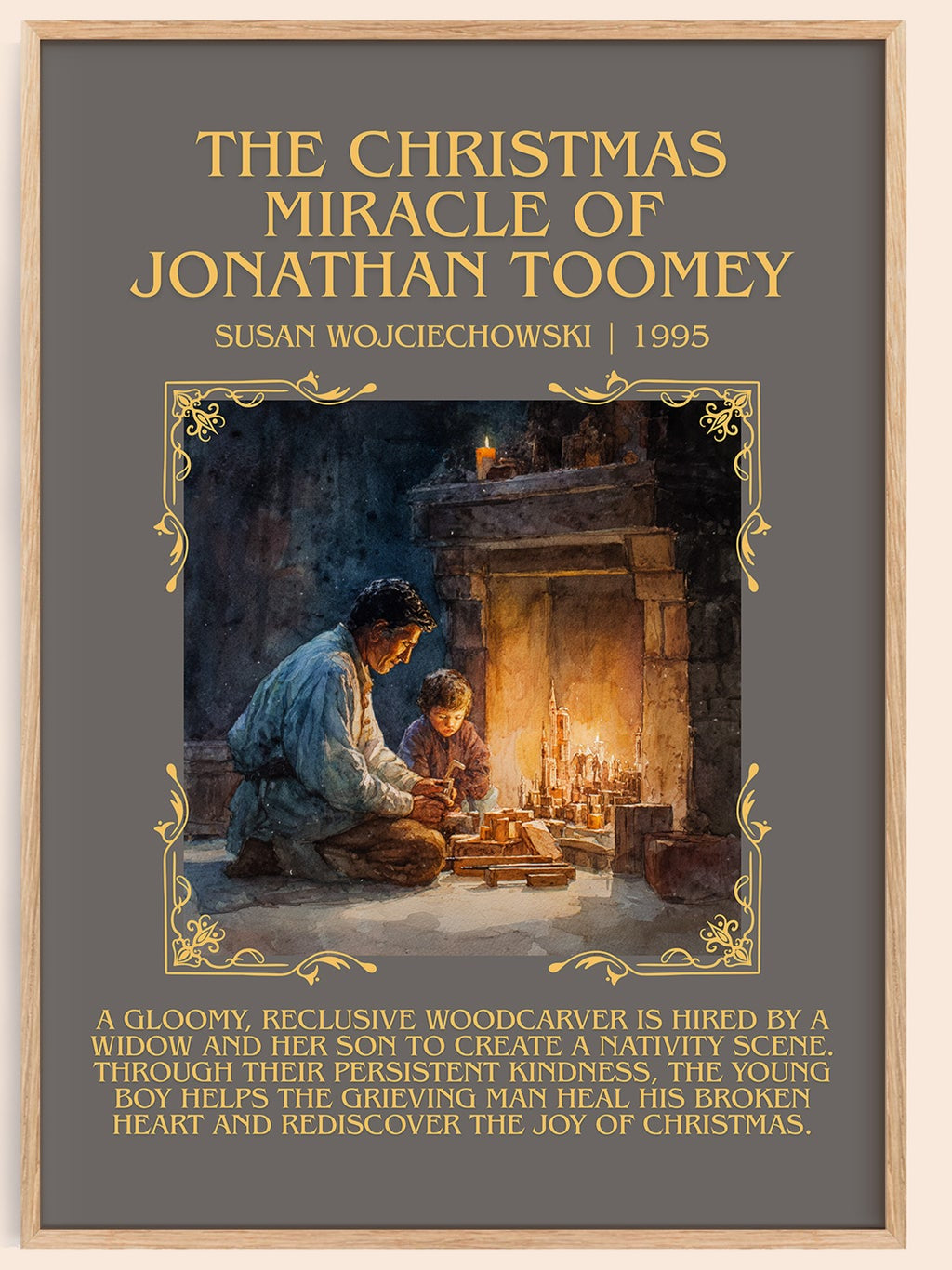 The Christmas Miracle of Jonathan Toomey minimalist book poster by Susan Wojciechowski – framed literary art print