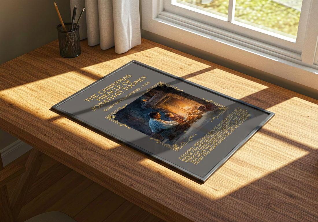 Christmas Miracle of Jonathan Toomey Minimalist Book Poster – print on a sunlit desk