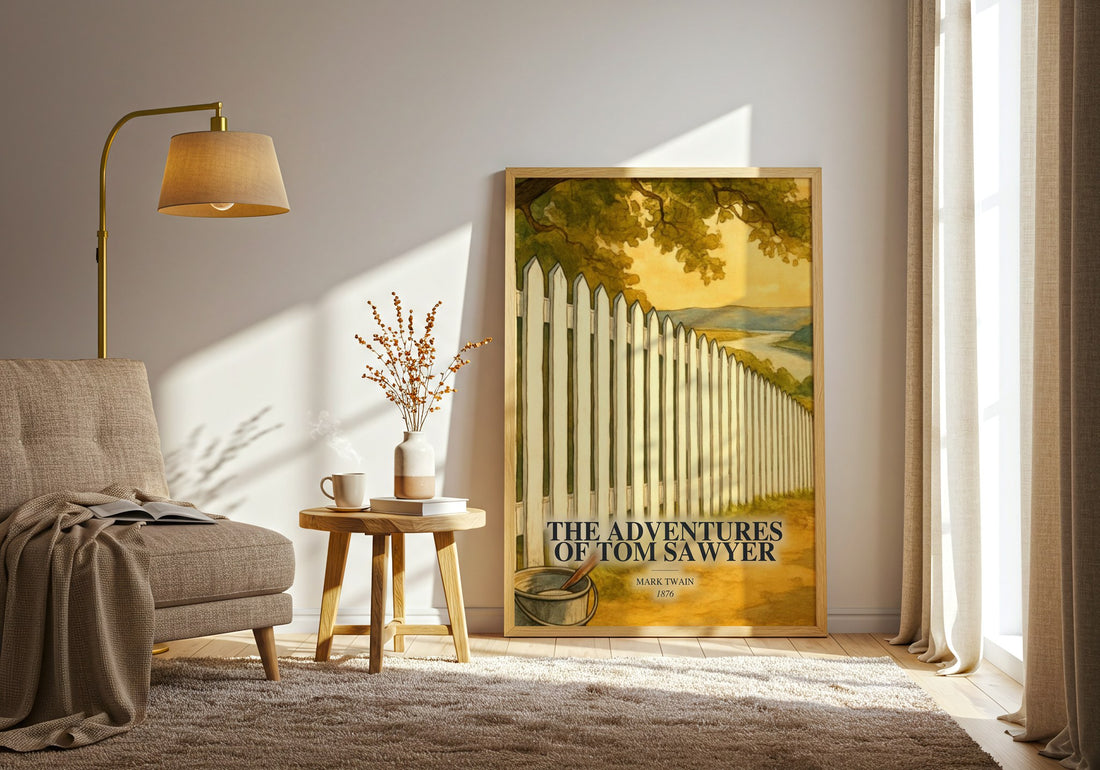 The Adventures Of Tom Sawyer watercolour print in frame leaning in hallway – childrens wall art (mockup)