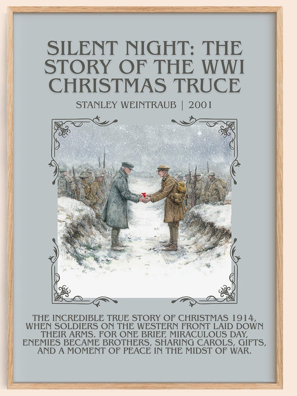 Silent Night: The Story of the World War I Christmas Truce minimalist book poster by Stanley Weintraub – framed literary art