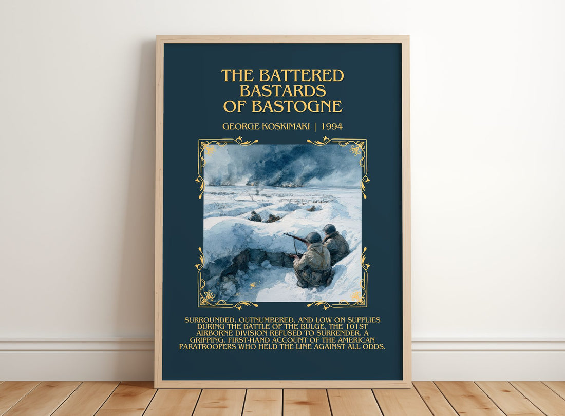 Battered Bastards Of Bastogne Minimalist Book Poster by G. Koskimaki – framed print leaning on a wooden floor