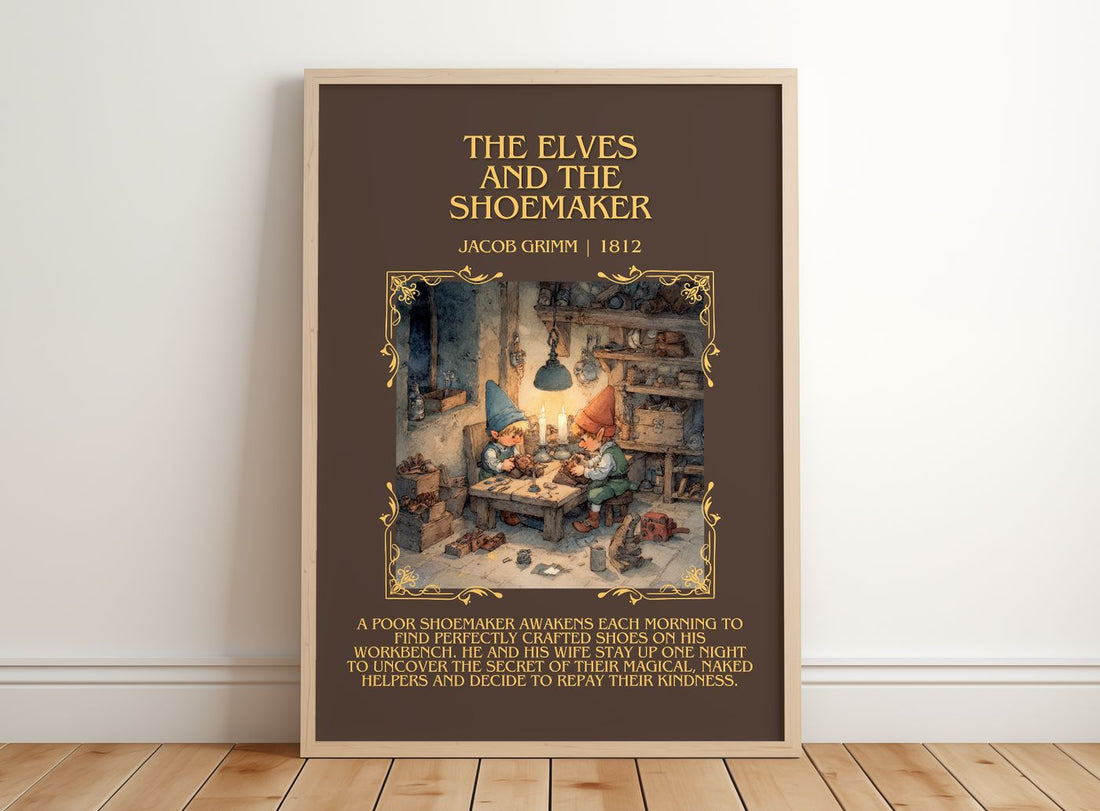The Elves And The Shoemaker Minimalist Book Poster by Jacob Grimm – framed print leaning on a wooden floor