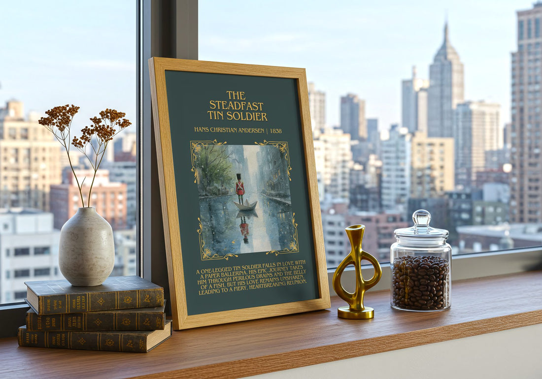 Steadfast Tin Soldier Minimalist Book Poster by H. Andersen – framed print on a city-view windowsill