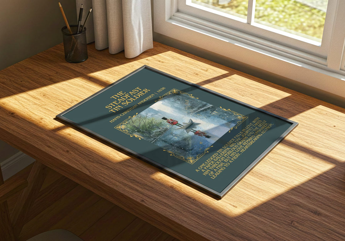 Steadfast Tin Soldier Minimalist Book Poster by H. Andersen – print on a sunlit desk