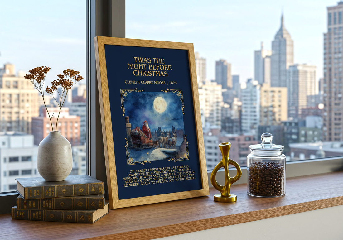 Twas The Night Before Christmas Minimalist Book Poster by C. Moore – framed print on a city-view windowsill