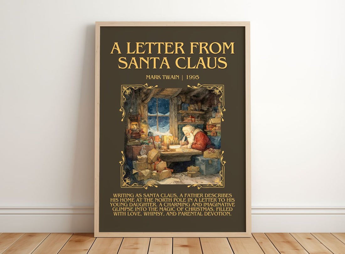 A Letter From Santa Claus Minimalist Book Poster by Mark Twain – framed print leaning on a wooden floor