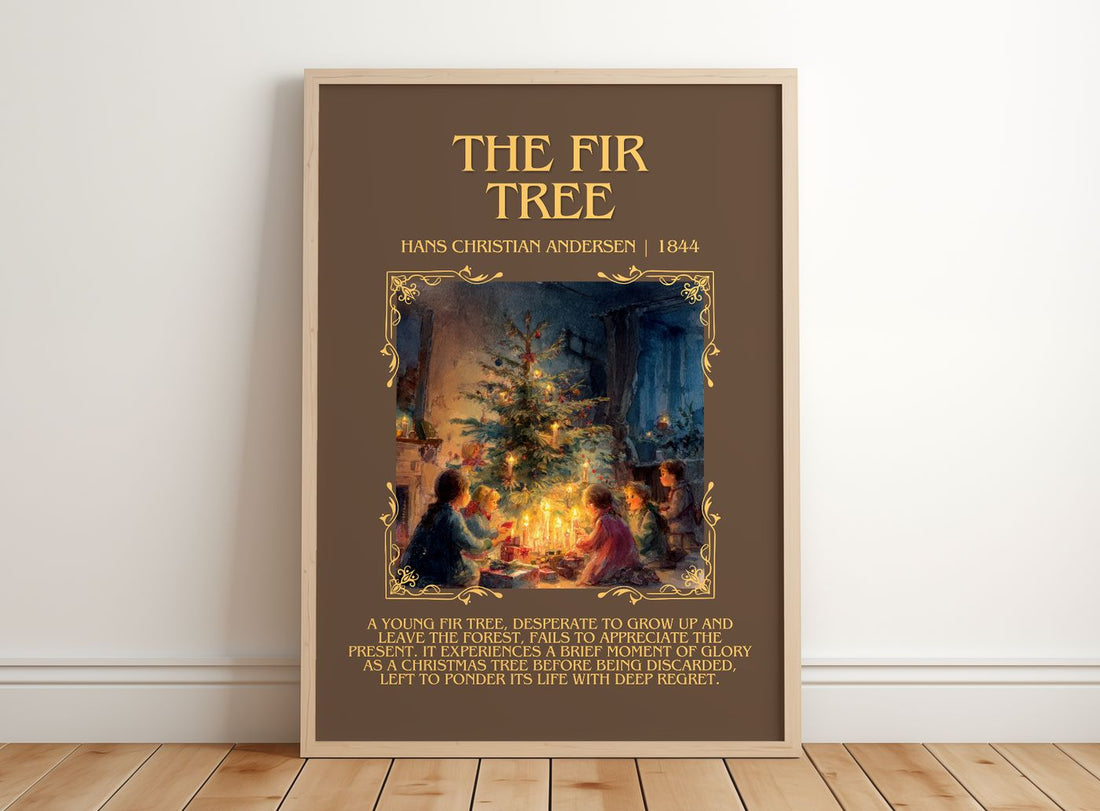 The Fir Tree Minimalist Book Poster by Hans Christian Andersen – framed print leaning on a wooden floor