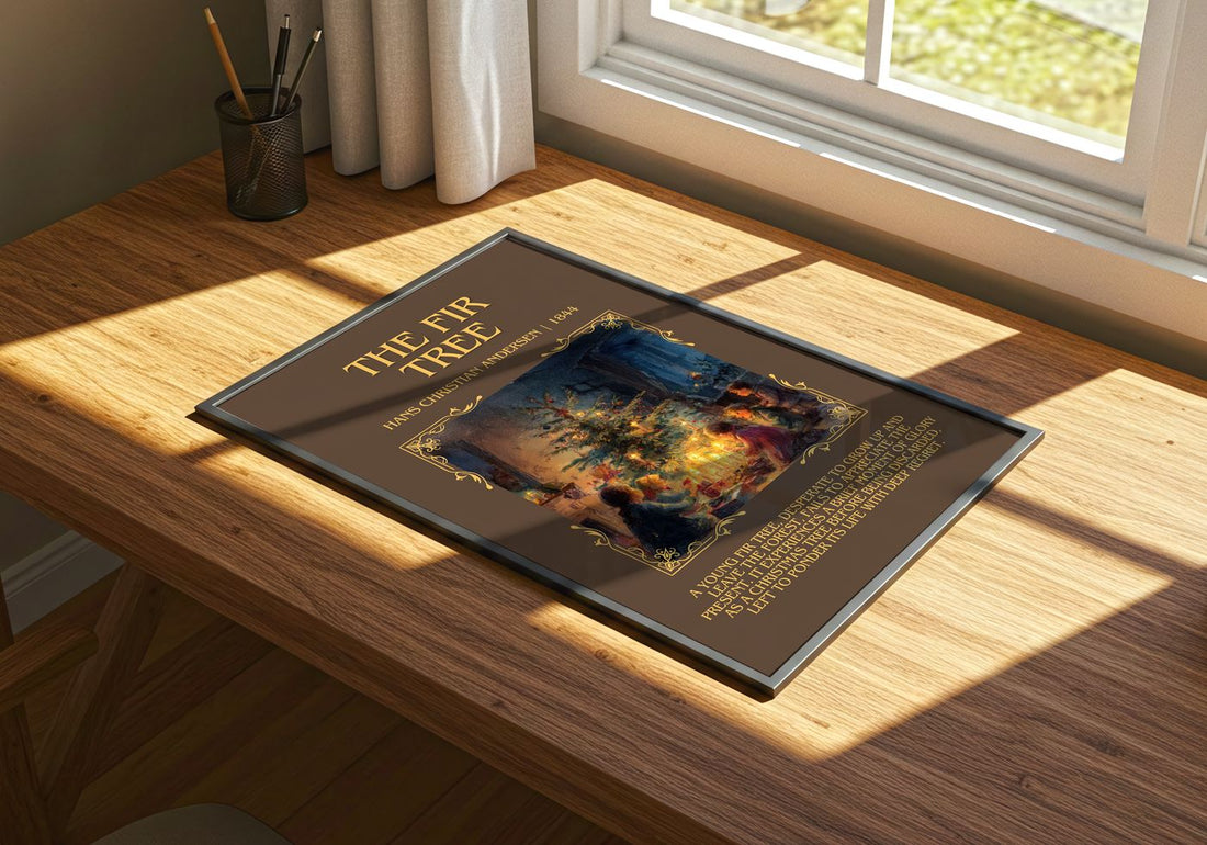 The Fir Tree Minimalist Book Poster by Hans Christian Andersen – print on a sunlit desk