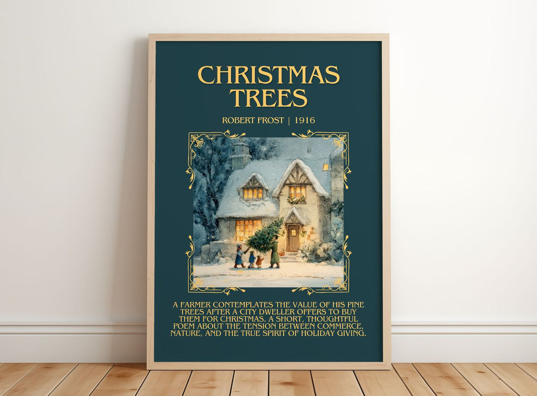 Christmas Trees Minimalist Book Poster by Robert Frost – framed print leaning on a wooden floor