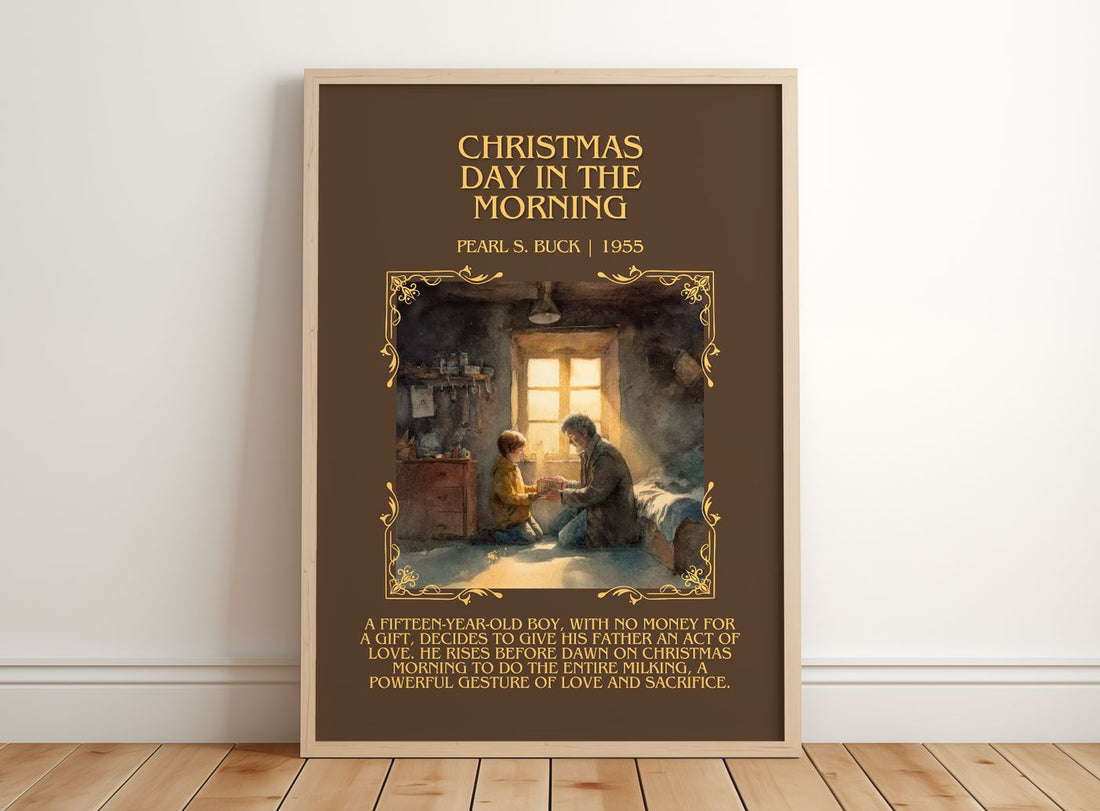 Christmas Day In The Morning Minimalist Book Poster by Pearl S. Buck – framed print leaning on a wooden floor